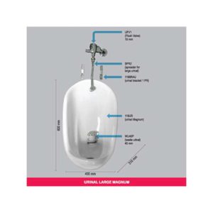 URINAL LARGE MAGNUM INCL URINAL FITTINGS, FLUSH VALVE, BOTTLE TRAP